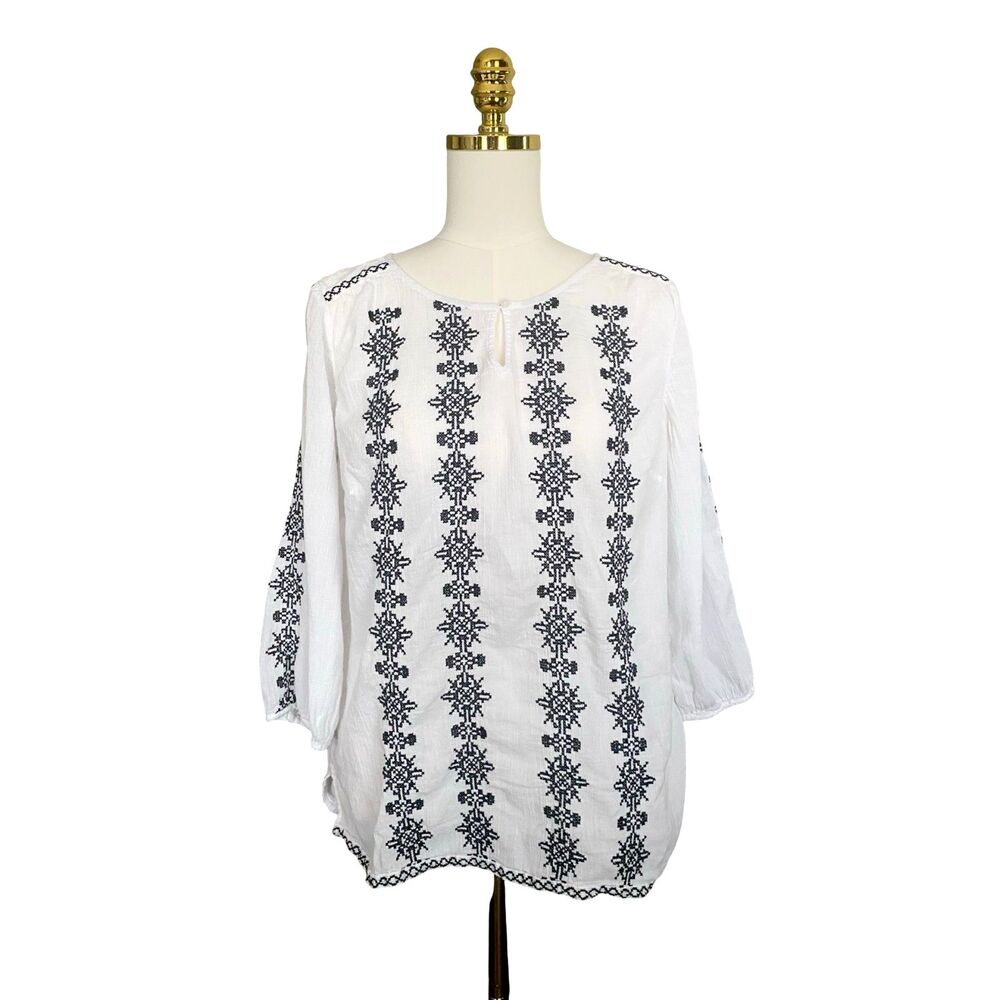 Talbots Embroidered Gauze Peasant Top Large White Black Lightweight Boho Tunic